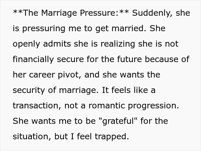 Man feels like his girlfriend's ATM, excerpt about marriage pressure after she quits job, man feels trapped