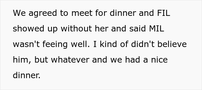 Text about ruining family relationship by lying MIL, describing a dinner where FIL showed up without MIL.