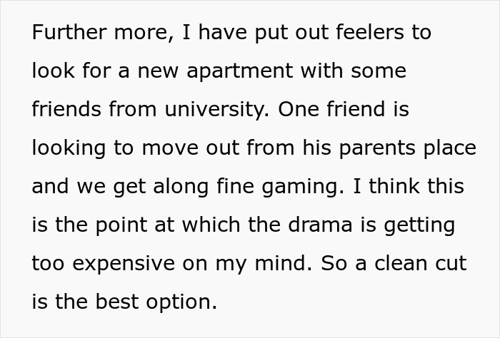 Text excerpt about a guy refusing to pay for a hotel to help his roommate handle her conservative family.