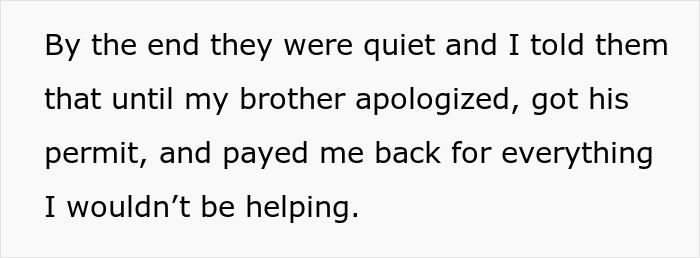 Text excerpt showing a sister refusing to help her ungrateful brother until he apologizes and gets his driving permit.