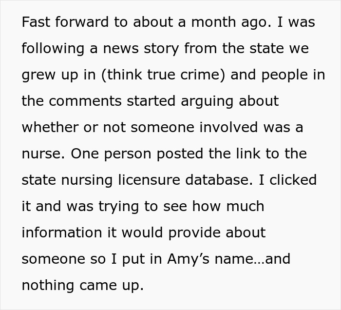Text excerpt discussing someone researching a nursing license to verify career claims for a story about career deception.
