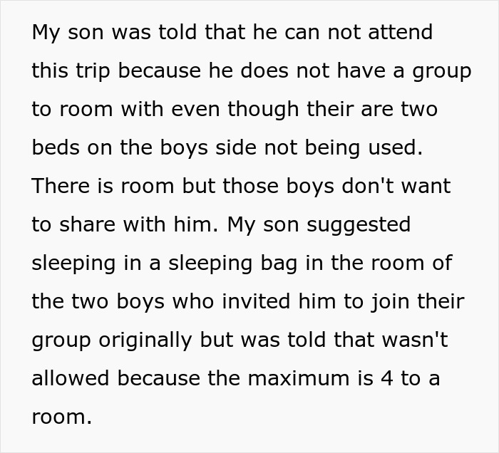 Alt text: autistic kid excluded from class trip due to rooming issues despite available space and mom confronting principal