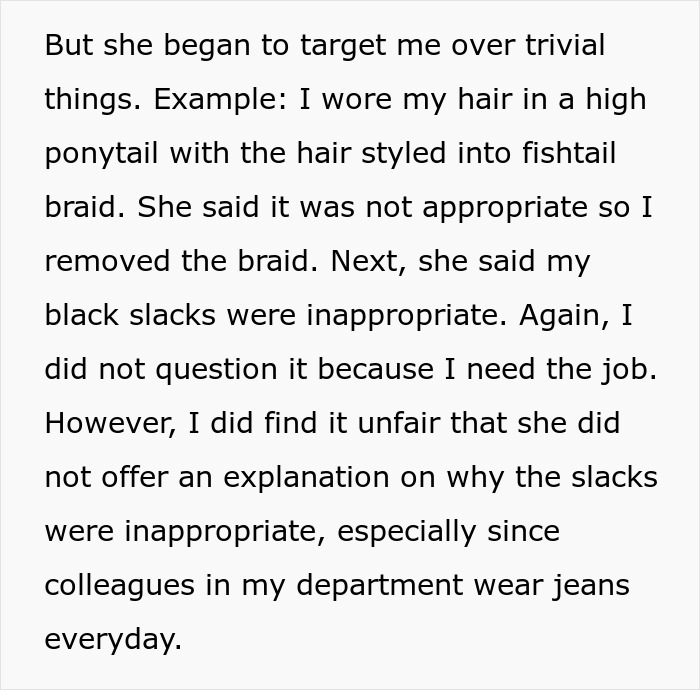 Excerpt describing a bullied employee nitpicked daily by boss over trivial things, including attire and hairstyle. Excerpt describing a bullied employee nitpicked daily by boss over trivial things, including attire and hairstyle.
