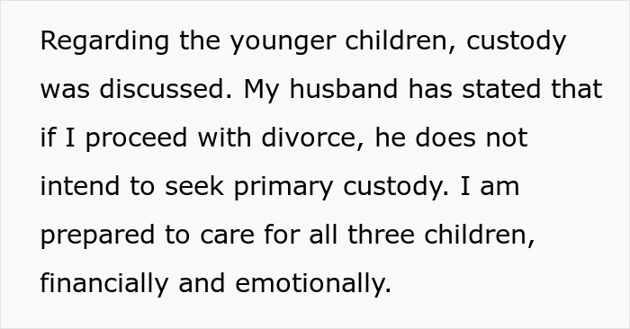 Text showing a wife discussing custody and care of three children while addressing her husband&rsquo;s concerns about their disabled son.