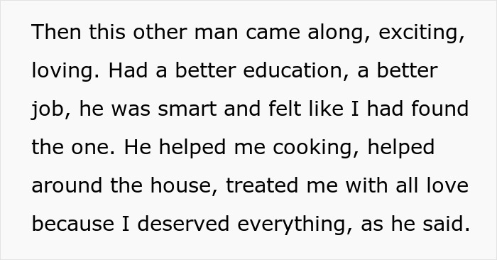 Text excerpt about a woman reflecting on her affair partner who seemed loving and supportive before leaving her. Text excerpt about a woman reflecting on her affair partner who seemed loving and supportive before leaving her.