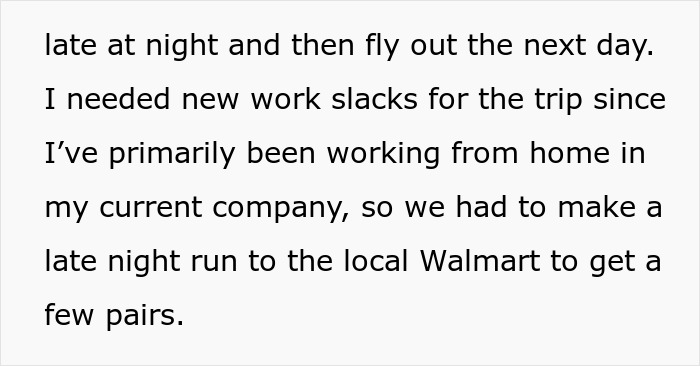 Text excerpt about man needing new work slacks for business trip and blaming wife, sparking internet reaction.