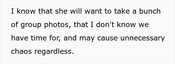 Text excerpt discussing group photos and potential chaos, illustrating a bride&rsquo;s reality check on venue and dress issues.