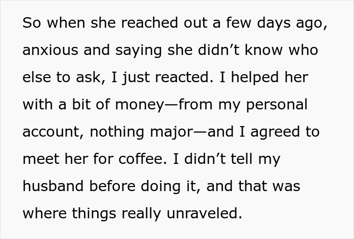 Text excerpt showing a man feeling torn between his husband and his mother-in-law after secretly helping her with money.