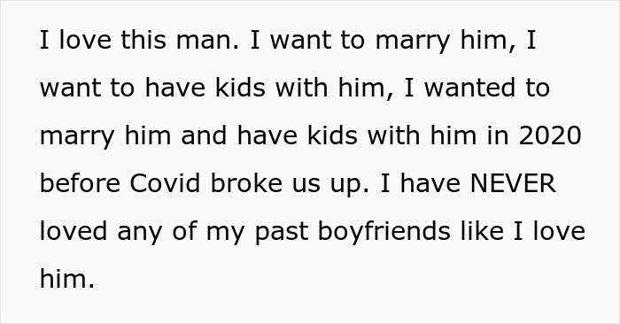 Text on a white background expressing deep love and commitment toward a man with plans for marriage and kids before Covid separated them.