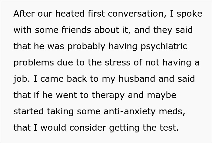 Text from a wife explaining her husband’s psychiatric issues and suggesting therapy before agreeing to a paternity test for their son.