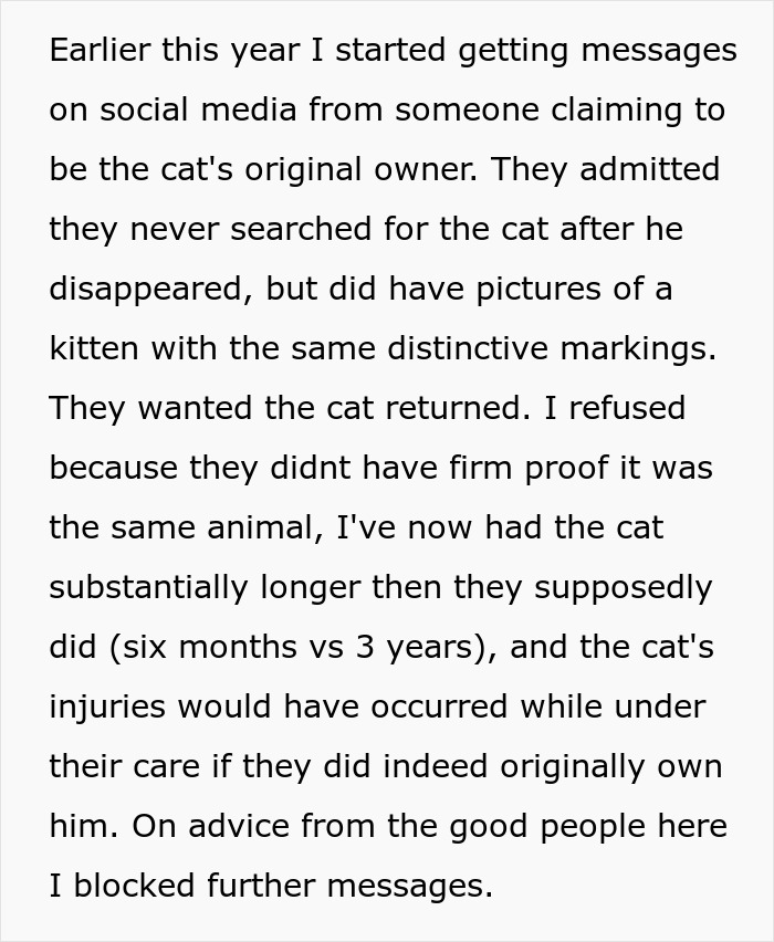 Alt text: Text describing dispute over lost cat's ownership from street survivor to family royalty with scammy owner demanding return