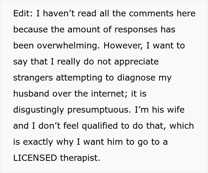 Text post discussing a wife wanting her husband to see a licensed therapist amid paternity test demands for their 3-year-old son.