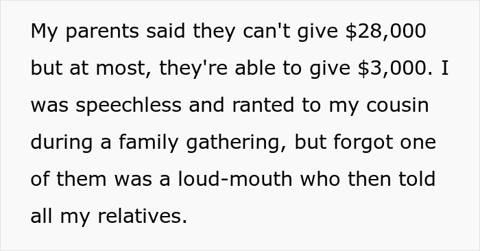Text screenshot about parents house payment dispute: asked $28,000, parents offer $3,000, family reaction.