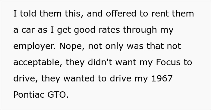 Text describing problems when GF&rsquo;s parents visit, insisting on suite bedroom and driving a classic 1967 Pontiac GTO car.