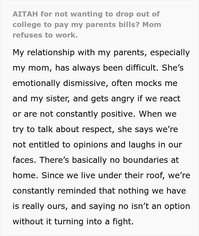 Text post about a woman who hasn&rsquo;t worked since 2006 demanding that her child drop out of college to pay bills.