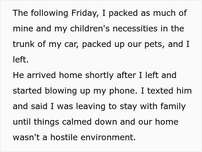Text showing a wife packing her children's necessities and leaving after conflict with her husband over financial problems and job expectations.