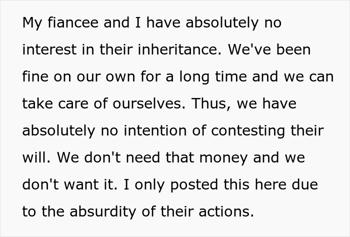 Text excerpt from a man explaining his parents&rsquo; threat to disinherit them for not having kids and rejecting the inheritance.