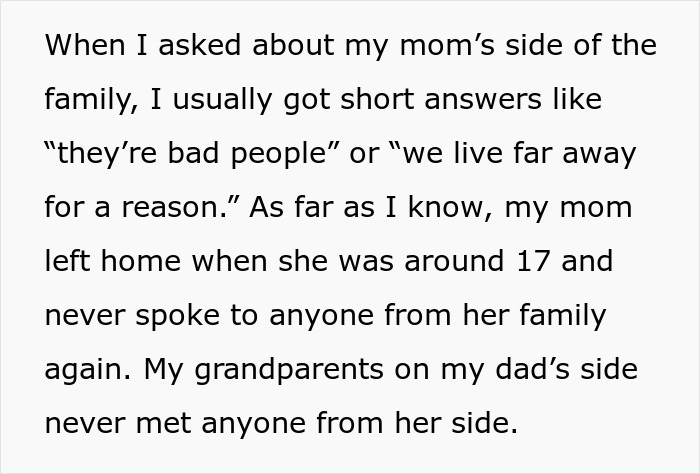 Text excerpt discussing a woman&rsquo;s family history and strained relations on her mom&rsquo;s side of the family.