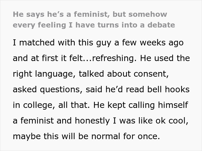 Text excerpt describing a woman&rsquo;s experience with a man who turns every boundary into a therapy battle.