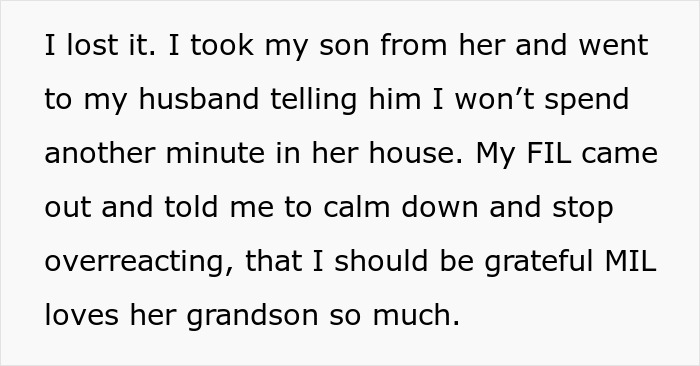 Text excerpt about a mom takes her baby and storming off from MIL's house after a feeding takeover