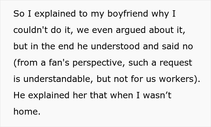 Text excerpt showing a conversation about refusing a celebrity birthday video request to protect job security.