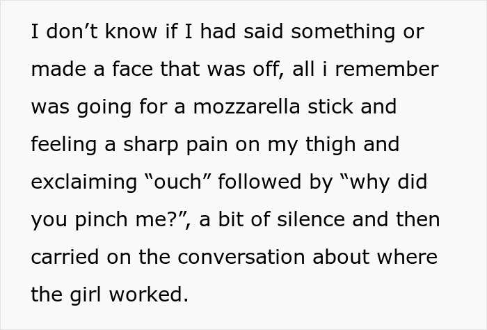 Text describing a wife&rsquo;s reaction to her husband&rsquo;s weird behavior at dinner and feeling a sharp pain on her thigh.