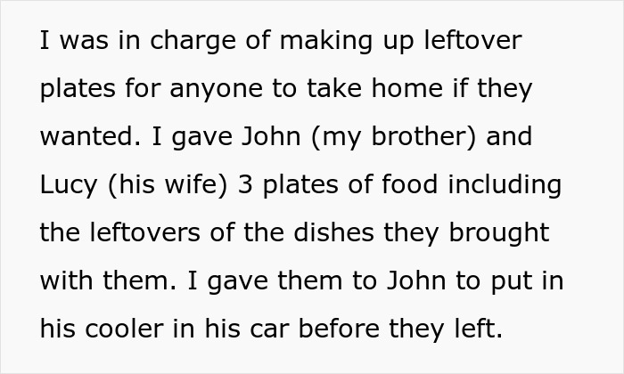 Man eats leftovers, fears telling wife, and blames sister while sister insults her weight and job.