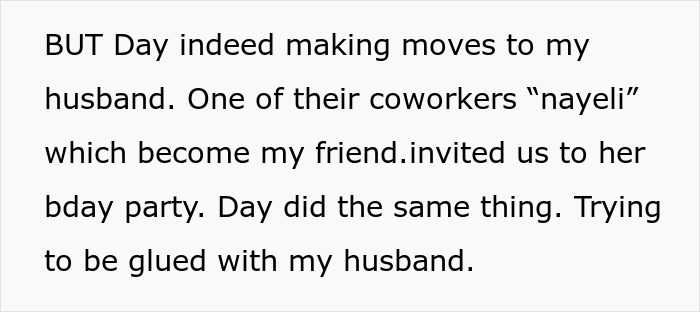 Text on a white background describing a wife noticing a female coworker making moves on her husband at a birthday party.
