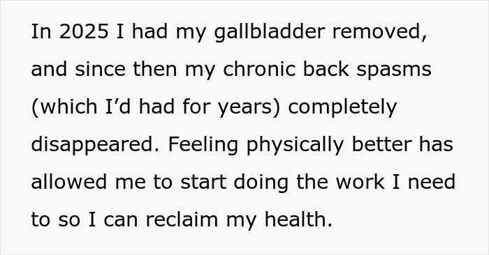 Text excerpt on a white background discussing health improvement after gallbladder removal and reclaiming autonomy. Text excerpt on a white background discussing health improvement after gallbladder removal and reclaiming autonomy.