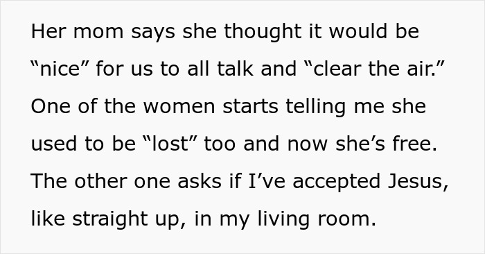 Text excerpt showing a conversation about religion featuring an extremely religious lady trying to convert an unreligious boyfriend.