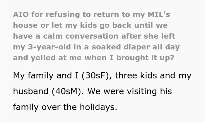 Woman horrified as MIL neglects to change kid's diaper all day, leading to visitation ban.