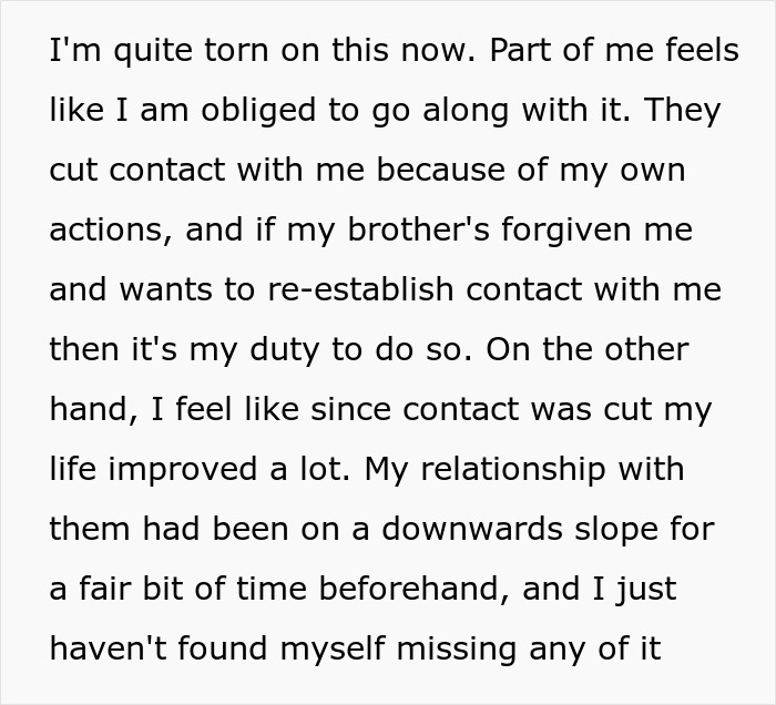 Text discussing a family deciding to forgive a man for beating his brother five years ago, with mixed feelings.