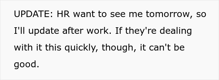 Text update about HR meeting after cancer surgery story shared following coworker comment on appearance.