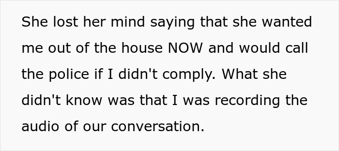 Text on white background describing a recorded conversation that exposes a woman&rsquo;s award winning act in court.