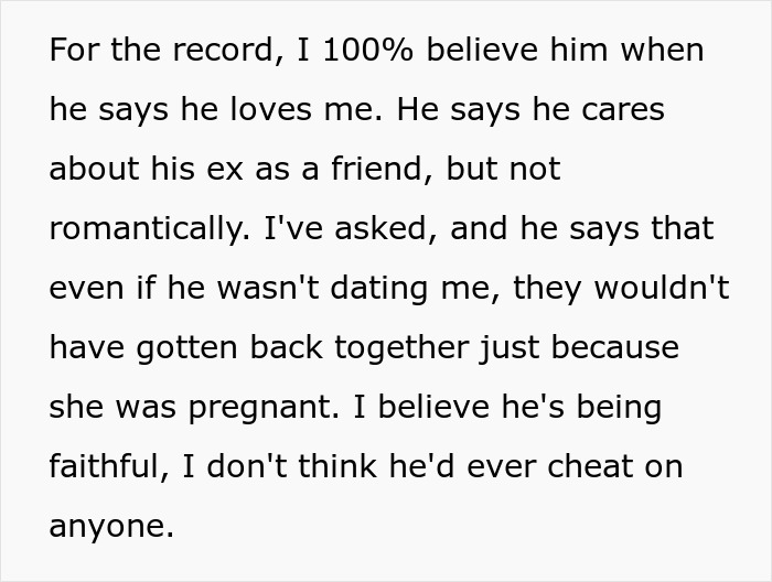 Text excerpt discussing a man&rsquo;s faithfulness and his care for pregnant ex, with girlfriend distancing from the situation.