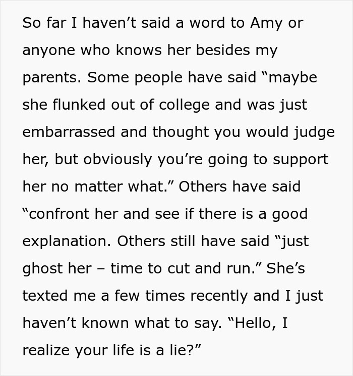 Text excerpt discussing a woman who lies about her career, with others suggesting ways to confront or support her.