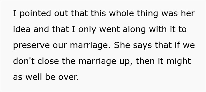 Text excerpt discussing a husband agreeing to an open marriage to preserve the relationship and reconnect with an ex.