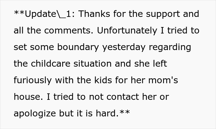Screenshot of a Reddit update about childcare and relationship conflict; man feels like his GF&rsquo;s ATM