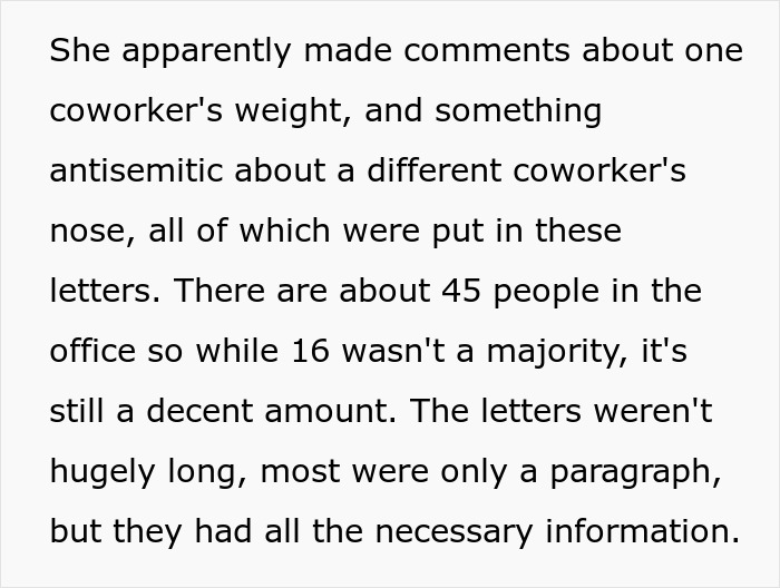 Text discussing coworker comments about weight and antisemitic remarks, related to cancer surgery story SEO keywords.