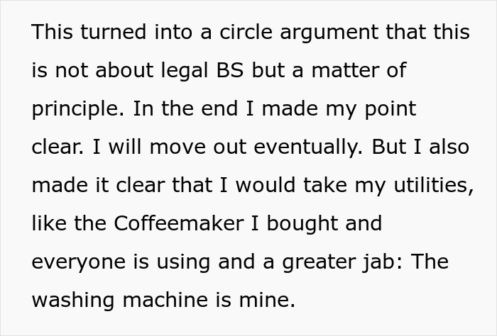 Text discussing a principle-based argument about utilities ownership during a roommate dispute in a shared living space.