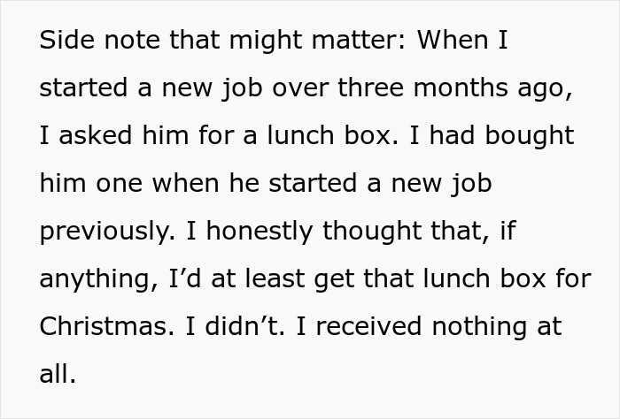Text excerpt describing a man failing to buy Christmas presents for his girlfriend despite her subtle hint.