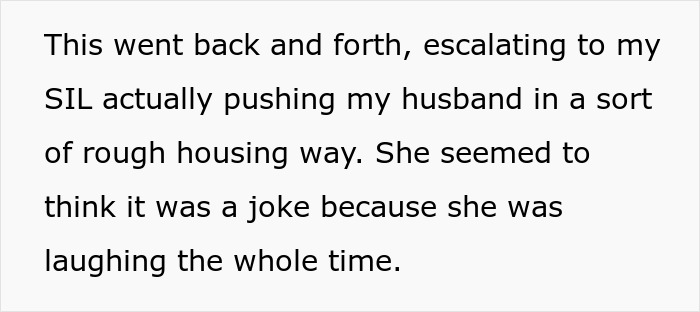Text excerpt describing SIL holding couple hostage at dinner, pushing husband roughly and laughing during the confrontation.