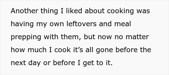 Text about cooking and meal prepping with a focus on mom boyfriend food drama involving leftovers disappearing quickly.