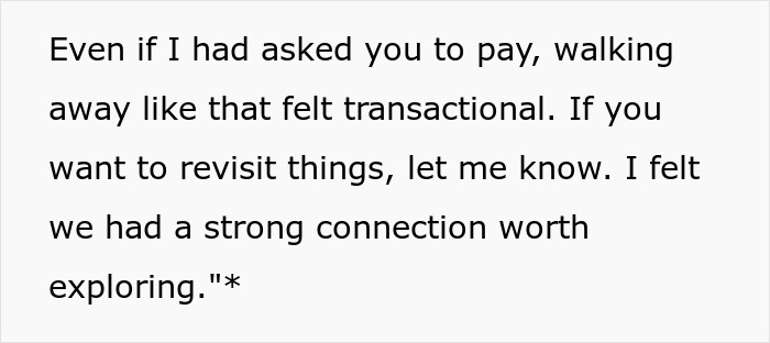 Text message discussing feeling a strong connection and disappointment after dates where payment was expected.