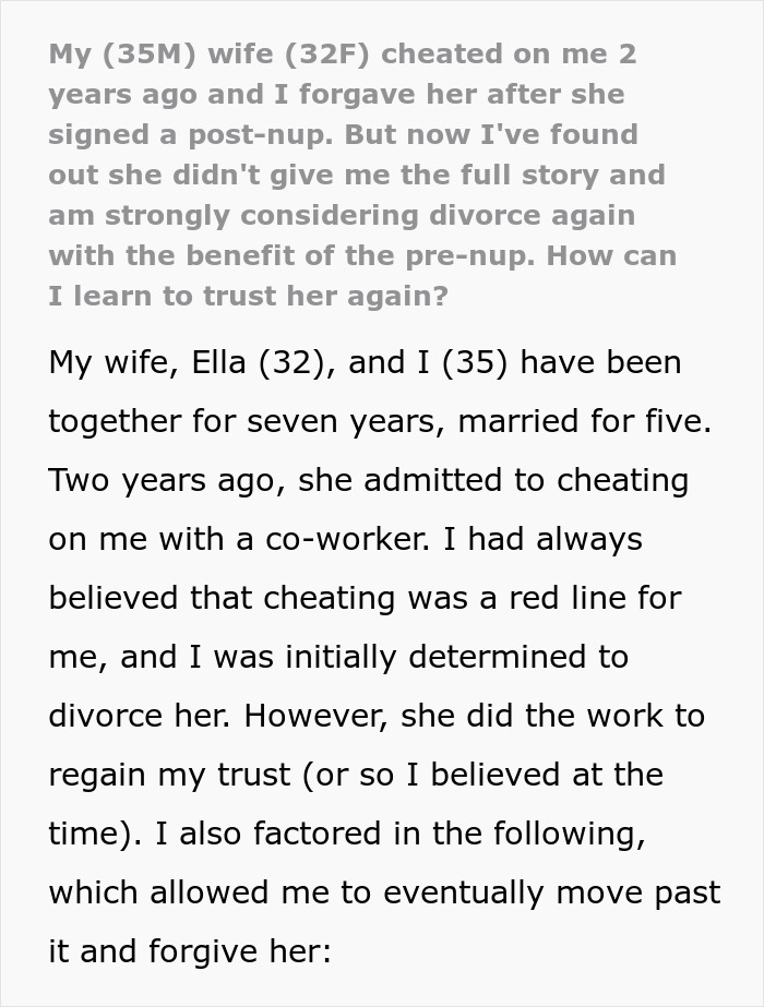 Man learns two years later his wife&rsquo;s cheating wasn&rsquo;t just one drunken night, struggling to rebuild trust again.