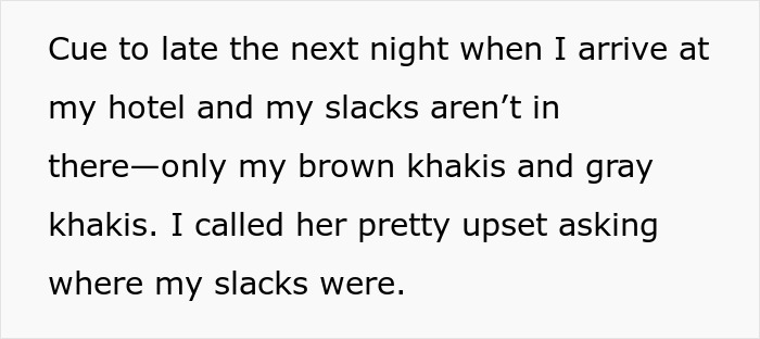 Man upset about missing slacks on business trip, tries to blame wife, sparking internet backlash and discussion.