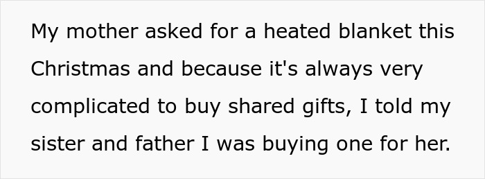 Excerpt about buying a heated blanket for mother and family gift mix-up over shared presents Excerpt about buying a heated blanket for mother and family gift mix-up over shared presents