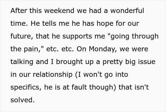 Fiancée regains confidence with medicine after hitting rock bottom, facing demands to stop taking them. Fiancée regains confidence with medicine after hitting rock bottom, facing demands to stop taking them.