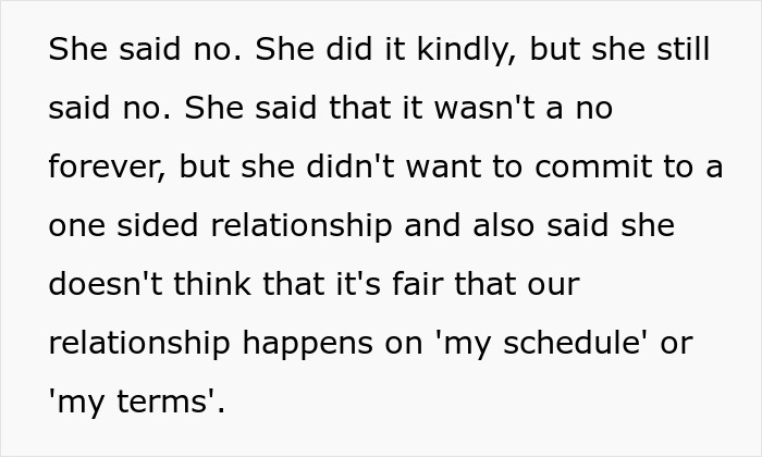 Text excerpt from a chef girlfriend and boyfriend not going restaurants discussing fairness and relationship terms.