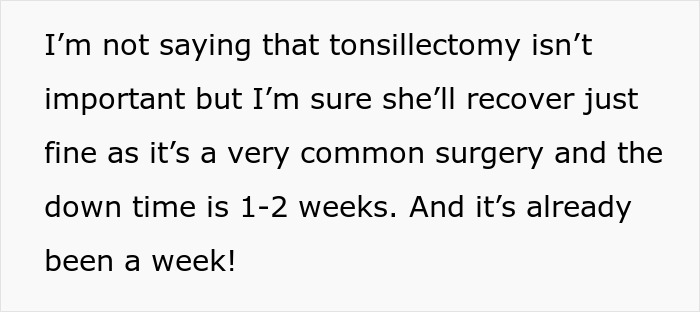 Text excerpt discussing tonsillectomy recovery time as part of wife&rsquo;s concerns about husband and in-laws rudeness and disregard.